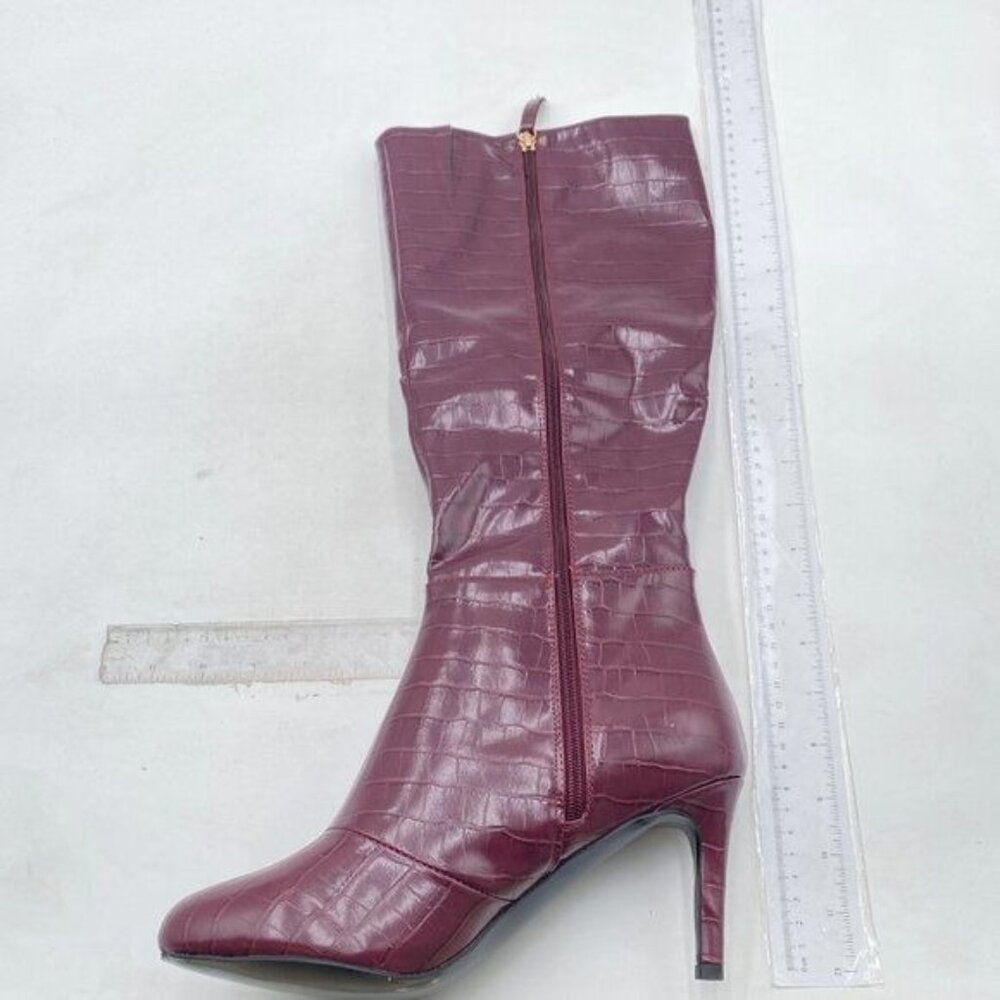 Wine Women Round Toe Knee High Boots Stiletto Heel Long Stretch Boot Dressy Shoe